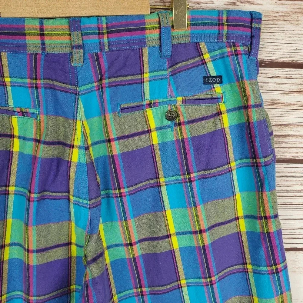 IZOD Mens Size 36x10 Blue/Green/Yellow/Purple Vibrant Plaid Cotton Golf Shorts - Picture 7 of 11